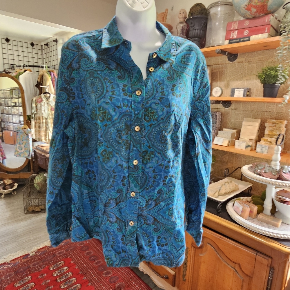 Jones of New York Blue Paisley Cotton Blouse XL
